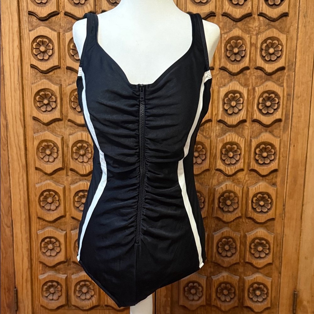 Black One-Piece Front Zip Swimsuit with White Slimming Side detail, size L/XL